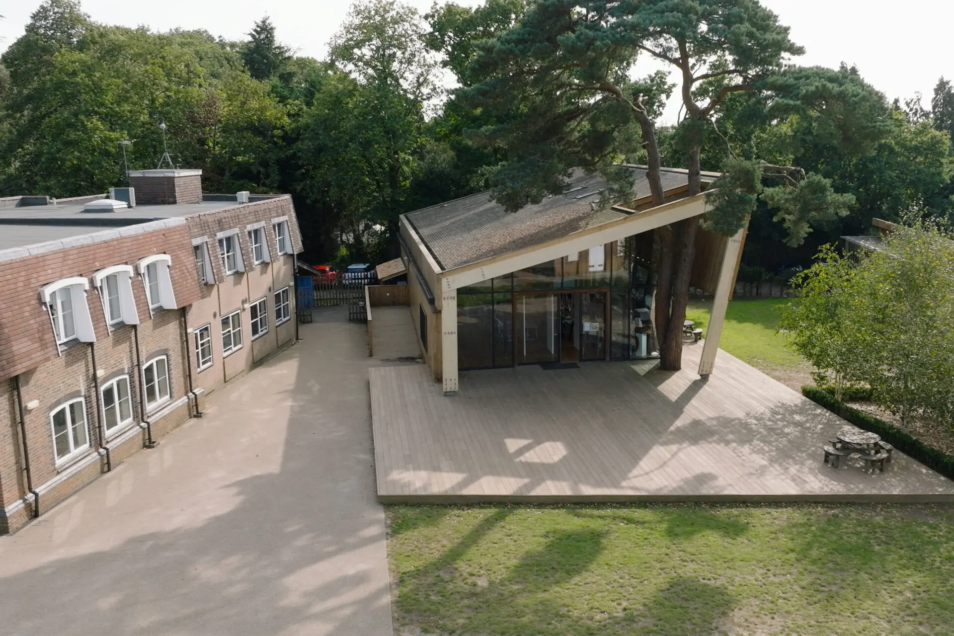 Aerial shot of the school building and outside space Aerial shot of the school building and outside space